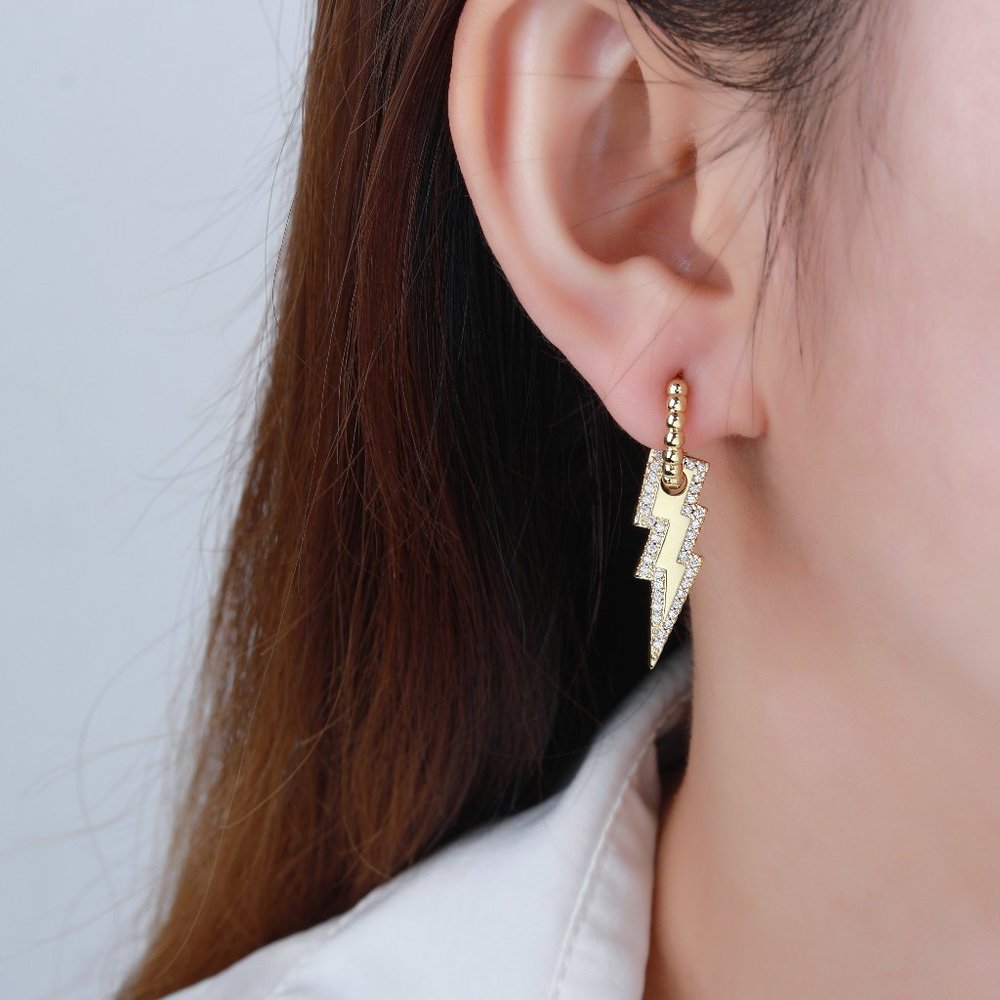 Gold Plated Micro Pave Lightning Bolt, CZ Cubic Zirconia Dangle Drop Earring